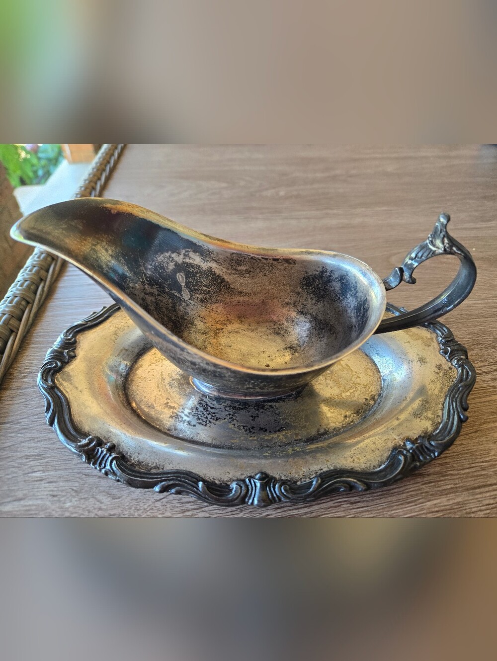Vintage Ornate Silverplate Gravy Boat & Matching Underplate Tray Set